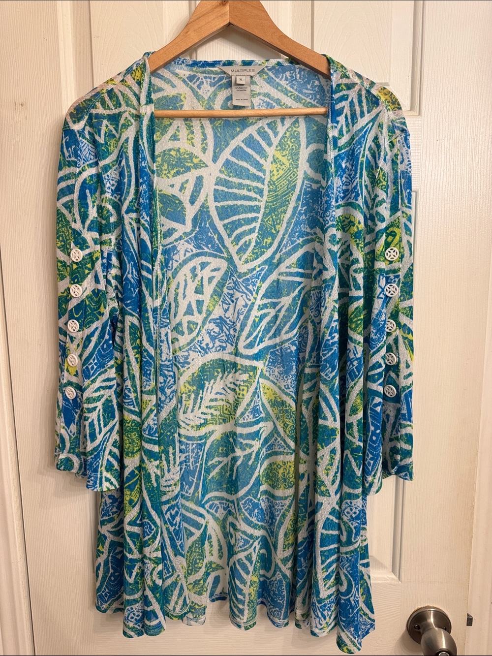 Multiples Blue & Green Leaf-Print Open Cardigan